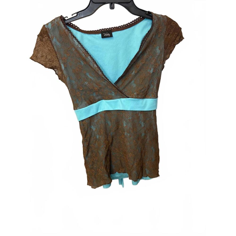 Vanity Women's Lace Overlay Babydoll Y2K 90s Blouse Aqua Size Small